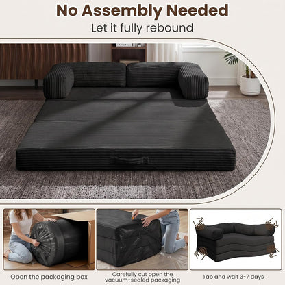 5-In-1 Convertible Sofa Bed,60" Boneless Couch with Pull Out Bed,Tri-Folding Corduroy Floor Mattress with Removable L-Shaped Armrests & Handle,Futon Sleeper for Small Spaces,Apartments & Bedrooms8