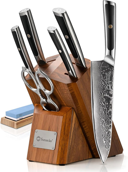 7-Piece Damascus Kitchen Knife Set with Block, VG10 Core, Forged1