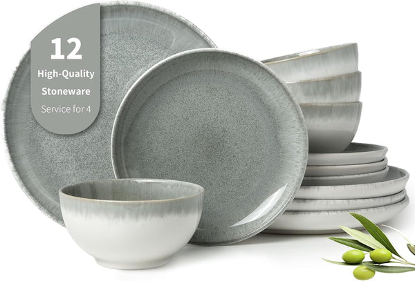 Stoneware Dinnerware Sets for 4, 12Pcs Plates and Bowls Sets Dishes1
