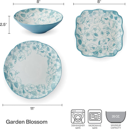 Garden Blossom Floral 12 Piece Plate Bowl Dinnerware Set, Blue4