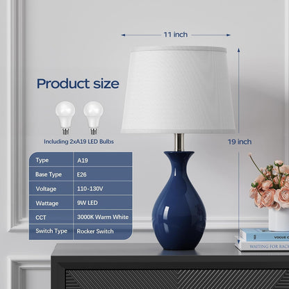 Table Lamp Set of 2, Modern Ceramic Bedside Lamps for Night Stands, Classic Small Lamp Nightstand Lamp for Bedroom Living Room Desk End Table Rocker Navy Blue2