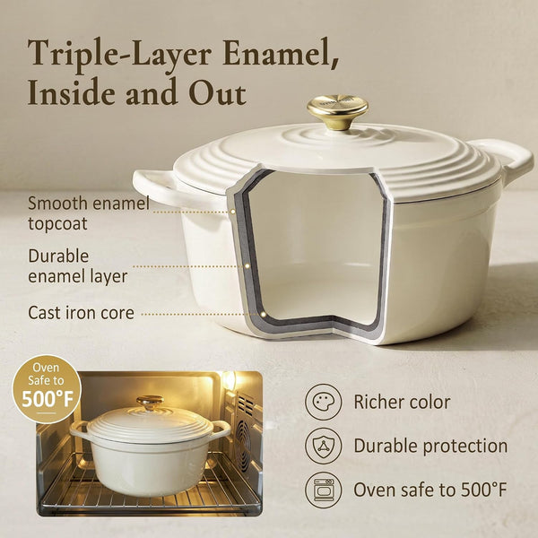 Enameled Cast Iron Dutch Oven - 5.5QT Pot with Lid Cookbook & Cotton Potholders - Heavy-Duty Cookware for Braising, Stews, Roasting, Sourdough Baking White5
