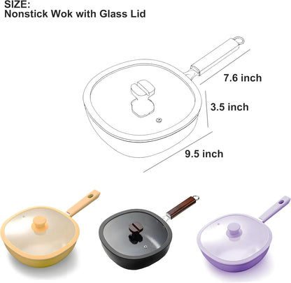 Square Nonstick Iron Wok with Glass Lid, 2QT Coating-Free Stir-Fry Pot, Induction Ready, Japanese Wooden Handle Saucepan (Black, 2Qt/9.5In Iron Pan)2