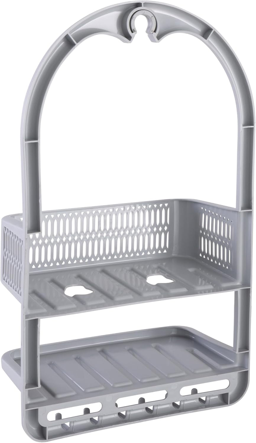 molded-shower-caddy-bathroom-storage-hangs-over-shower-head-6-accessory-hooks-holds-razors-washcloths-accessories-suction-cup-stability-grey