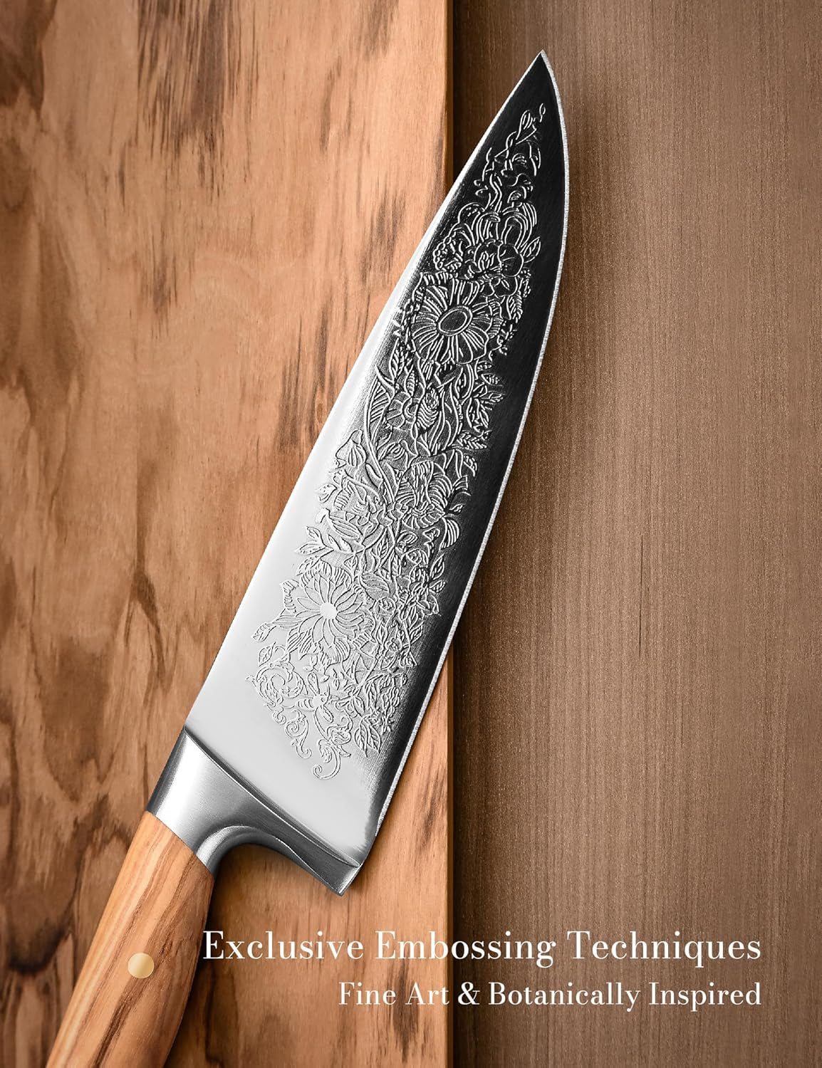 chef-kitchen-knife-8-embossed-botanical-blade-olive-wood-handle