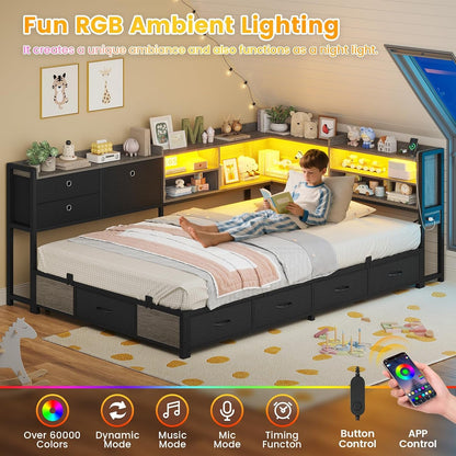 Corner Bed Frame with Charging Station & Led Lights, Black & Gray4