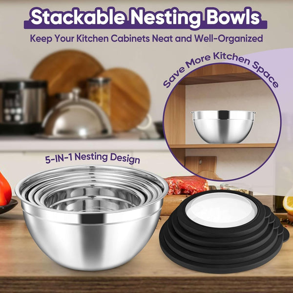 5-Piece Mixing Bowls with Visible Lids, 3 Grater Attachments, Stainless Steel Salad Serving Bowls for Kitchen, 4.6/3.5/2.5/2/1.5 QT Ideal for Prepping & Cooking, Black4