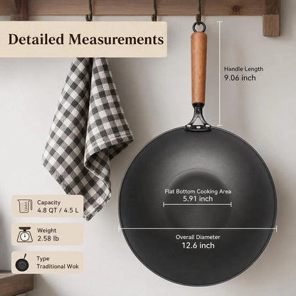 Carbon Steel Wok with Glass Lid, 12.6 Inch Flat Bottom Stir Fry Pan, Rolled Edge Spun Wok Pan, Coating-Free Wok for Induction, Gas & Electric Cooktops, 3–4 Servings7
