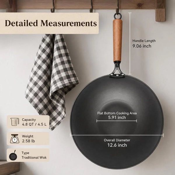 Carbon Steel Wok with Glass Lid, 12.6 Inch Flat Bottom Stir Fry Pan, Rolled Edge Spun Wok Pan, Coating-Free Wok for Induction, Gas & Electric Cooktops, 3–4 Servings7