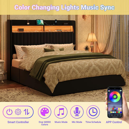Queen Upholstered Platform Bed Frame with 3 Spacious Storage Drawers, Built-In LED Lights & Charging Station, Vertical Tufted Headboard with Shelf, No Box Spring Needed, Velvet Black5
