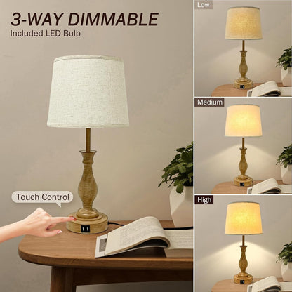 Farmhouse Table Lamp Touch Control 3-Way Dimmable Table Lamp, Modern Nightstand Lamp with 2 USB Port Bedside Desk Lamp with Fabric Shade for Living Room (Pack 1-Beige Shade & Touch)2