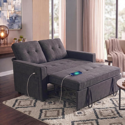 3 in 1 Convertible Sofa Bed, 53" Modern Loveseat Sleeper Sofa with USB Port & Storage Pockets, Pull Out Couch with Reclining Backrest, Futon Bed for Small Spaces, Living Room (Gray)1