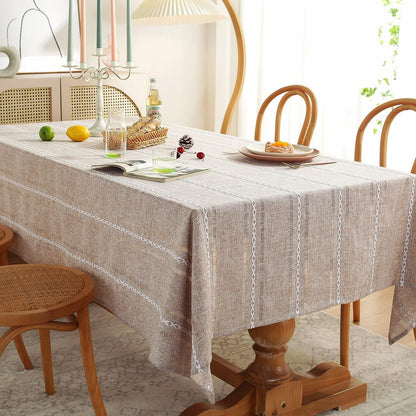 60 X 84 Inches Farmhouse Style Linen Tablecloths, Wrinkle Resistant Washable Dining Room Table Cloths for Rectangle Tables - Hemstitch Light Coffee2