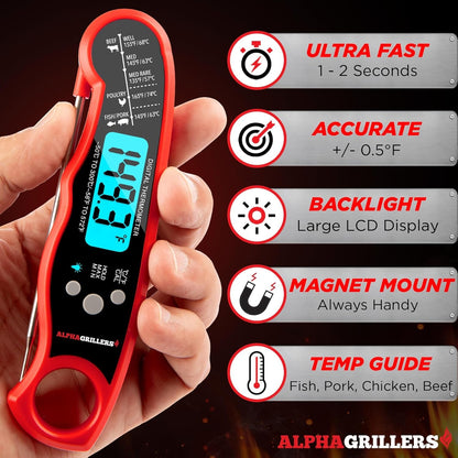 Instant Read Meat Thermometer Digital, Cooking, Food, Grill | 1-2 Second Ultra-Fast Response Time, Bright Backlit Display, Waterproof (IP67), Pre-Calibrated & Ready to Use2