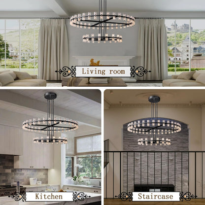 D32''+D40'' Large Black Wagon Wheel Chandelier 72-Lights Black round Chandeliers Glass Chandeliers for Dining Room,Living Room Vintage Chandelier5