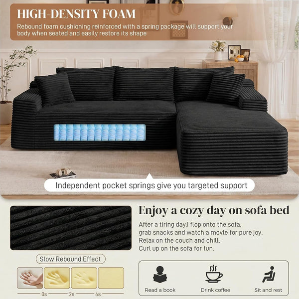 95" L Shaped Cloud Boneless Sectional Couches for Living Room, Modern Comfy Modular Deep Seat Memory Foam Compressed Corduroy Sofa Oversized Right Facing Chaise, No Assembly Required, Balck7