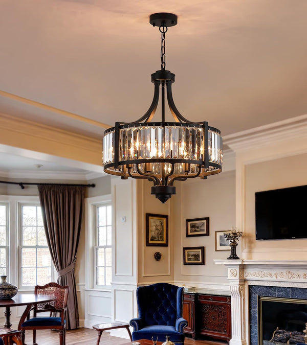 Modern Crystal Chandeliers, Entryway Black Crystal Chandelier for Dining Room, 6-Light Farmhouse Pendant Hanging Light Fixture for Living Room Foyer Kitchen Island,Conical,20In3