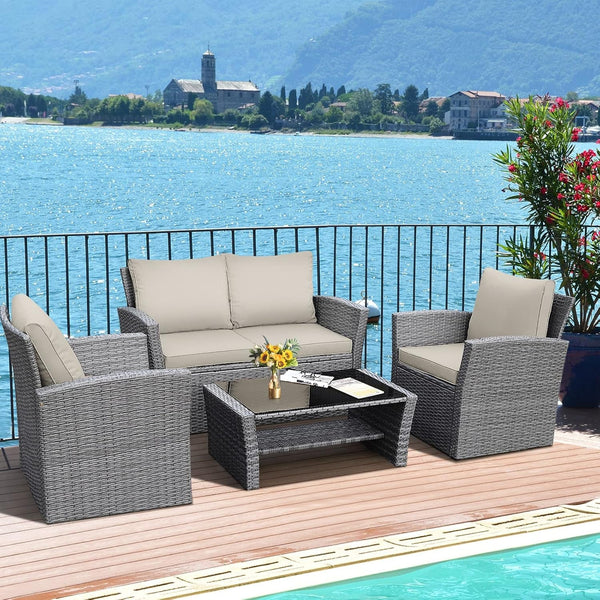 4 Pieces Conversation Set Outdoor Patio Rattan Furniture Set with Cushions and Coffee Table, Sectional Wicker Sofa Set for Garden Porch Balcony Poolside4