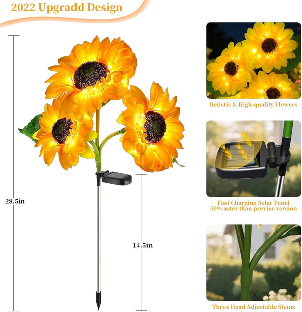 Outdoor Solar Garden Stake Lights,Upgraded LED Solar Powered Light with 3 Sunflower, Waterproof Solar Decorative Lights for Garden, Patio, Backyard (1 Pack 3 Flower)5