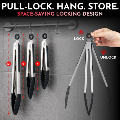 Kitchen Tongs - 12, 9 & 7 Inch Locking Silicone Tongs for Cooking, Set of 32