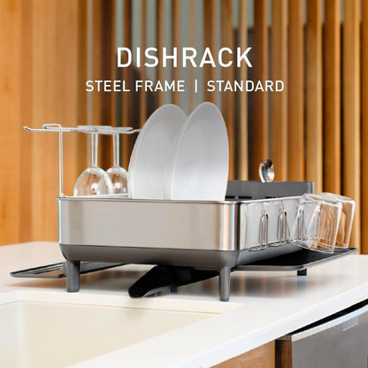 Simplehuman Steel Frame Dishrack, Large Capacity Dish Drying Rack, 360º Easy Drain Swivel Spout, Utensil & Wine Glass Holder, Anti-Residue Coating, Moisture Control Surface, Brushed Stainless Steel6