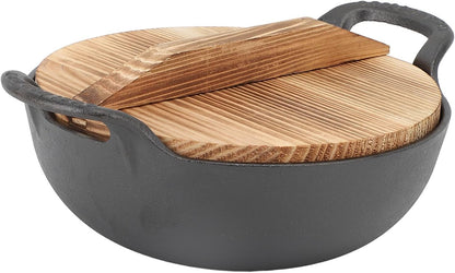 Cast Iron Wok with Wooden Lid and 2 Handles 25Cm | Uncoated Stir Fry Pan for Authentic Asian Cooking, Frying Pan for Home Chefs, for Stir Fry, and Steam (25Cm)1