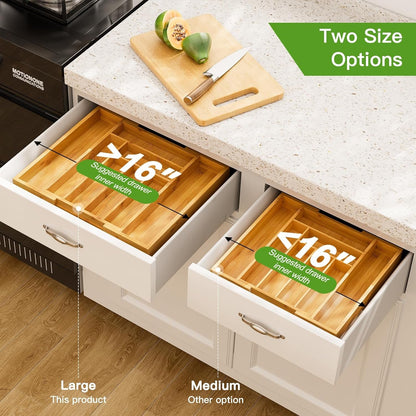 Bamboo Expandable Silverware Drawer Organizer, Adjustable Kitchen Utensil Tray for Forks, Spoons and Knives, Wood Storage Cutlery Holder for Bedroom and Living Room7