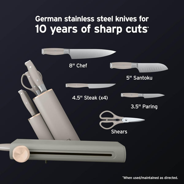 Ninja® Neverdull® 10-Pc German Steel Knife Set, Stone Gold, NK32010SD1 | Stays Razor-Sharp 10+ Years. Premium German Steel. Removable Sharpener Stores in a Drawer Saving up to 35% More Counter Space9