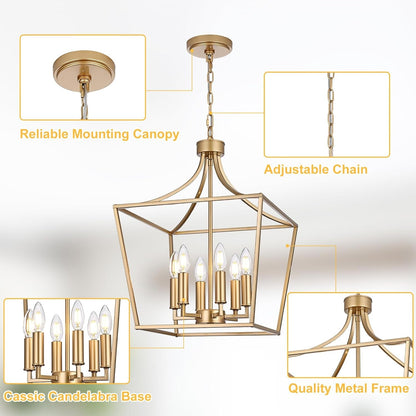 6-Light Gold Large Cage Chandelier, Modern Pendant Light Fixtures Kitchen Island Lighting for Foyer Hallway Entryway, E12 Bulb Base7