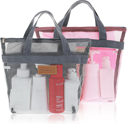 2Pcs Gym Shower Caddy,Shower Caddy Mesh Bag,11.8 X 11.8 In,Quick Dry Portable Hanging Toiletry and Bath Organizer with Zipper for Travel,Gym,Swimming,Camping,College Dorms,Beach(Grey/Pink)1