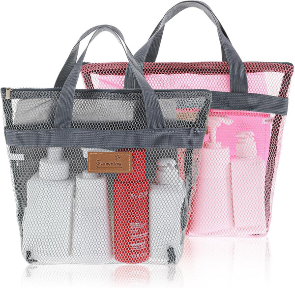 2Pcs Gym Shower Caddy,Shower Caddy Mesh Bag,11.8 X 11.8 In,Quick Dry Portable Hanging Toiletry and Bath Organizer with Zipper for Travel,Gym,Swimming,Camping,College Dorms,Beach(Grey/Pink)1