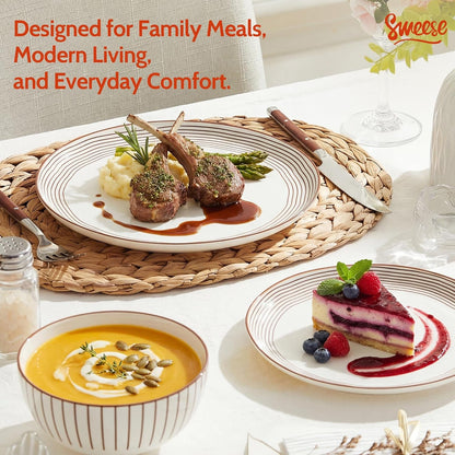 18Pcs Lightweight Porcelain Dinnerware Set for 6, Stripe Neutral9