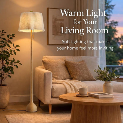 Mid Century Modern Real Wood Floor Lamp with 2 Shades for Two Looks | 65" Tall,Sculptural Teardrop Base,Wooden Pull Chain,Vintage Standing Lamp,Linen Shades,Living Room,Bedroom, Bulb Included2