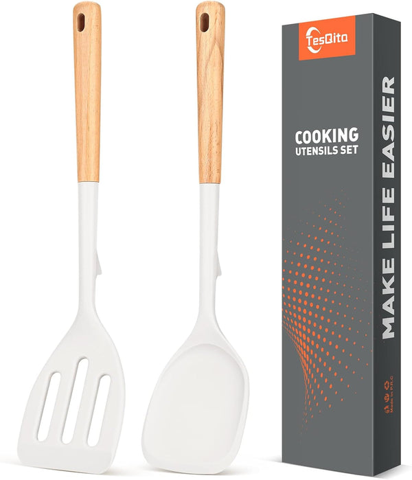Extra Large Silicone Spatula Turner Set with Wooden Handle (White)1