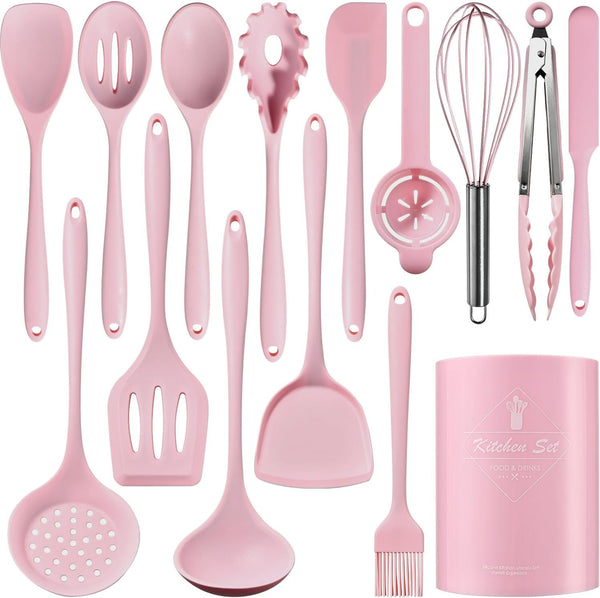 Silicone Kitchen Utensils Set - 15 Pieces Non Toxic Silicone Utensils Set for Cooking，428°F Heat Resistant Food Grade Kitchen Tools，Dishwasher Safe (Pink, 15 Piece Set)1