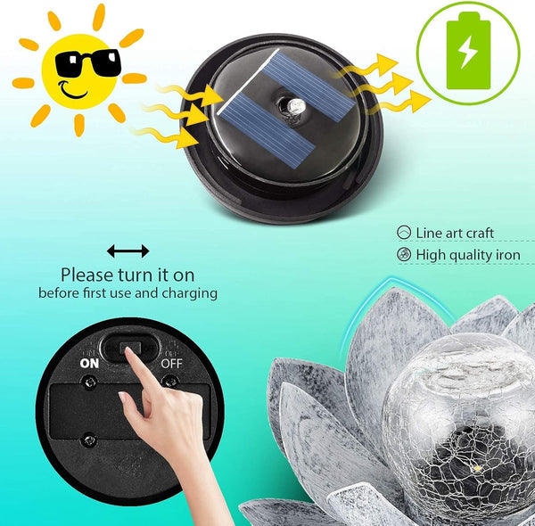 Solar Lights Outdoor Garden, Crackle Globe Glass Lotus Decor, Waterproof LED Metal Flower Decorations for Patio,Lawn,Walkway,Tabletop,Ground4