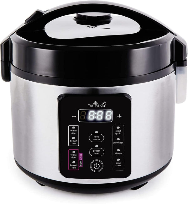 Kumo Yumcarb Rice Cooker with Ceramic Bowl and Advanced Fuzzy Logic, (5.5 Cups, 1 Litre), 5 Rice Cooking Functions, 3 Multicooker Functions, 110V US Power (Light Stainless Steel)1