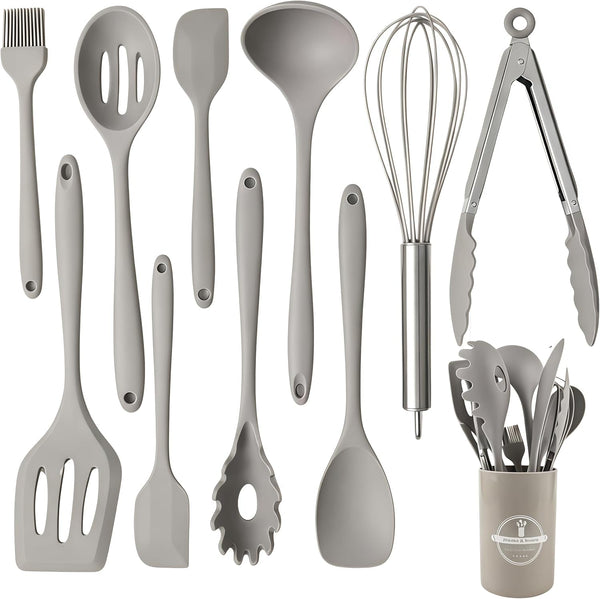 Silicone Kitchen Utensils Set,10 PCS Cooking Kitchen Utensils Set, Nonstick Kitchen Utensils 446°F Heat-Resistant Cookware Kitchen Tools of Spoon,Brush,Whisk,Spatula,Turner Tongs(Khaki)1