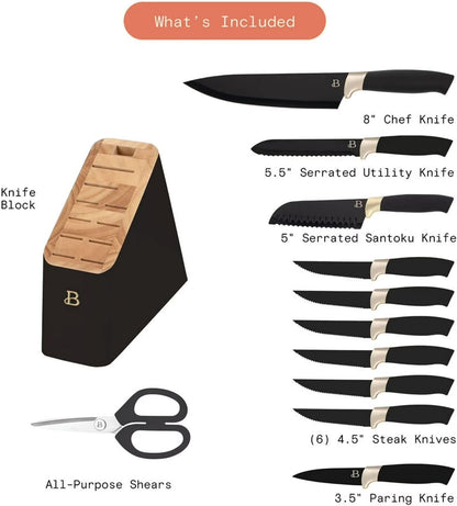 LUGBAR Beautiful 12-Piece Stainless Steel Knife Set with Block, Soft Grip Handles (Black Sesame)3