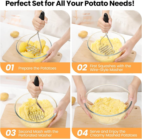2Pcs Potato Masher Set with Silicone Handle, Premium Stainless Steel Potato Masher, Integrated & Wire Masher for Potatoes, Avocado, Vegetables and Baby Food5