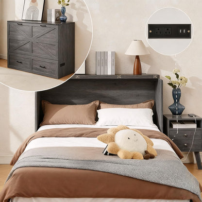 Murphy Bed, Full Farmhouse Cabinet with Charging & Storage, Rustic Grey8