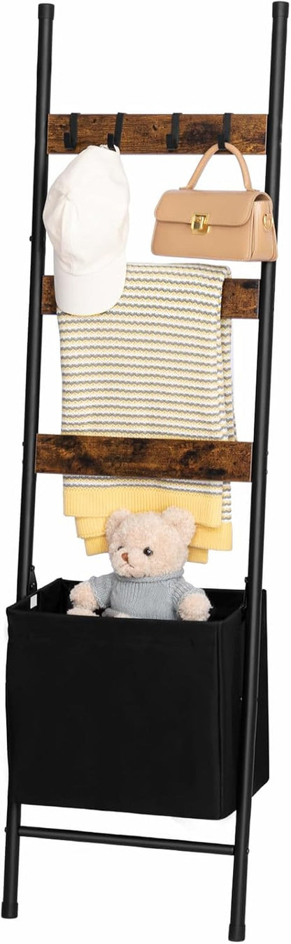 Blanket Ladder with Basket, 17.3”L X 63.4”H, Towel Rack with Hooks, Blanket Holder Rack, Decorative Ladder Shelf, Drying and Display Rack for Bathroom, Living Room, Rustic Brown BF31CJ018