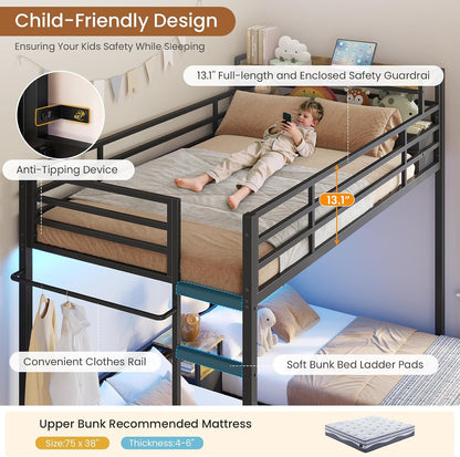 Triple Bunk Bed for Kids with Storage Drawers and Charging Station Twin over Twin Metal Bunk Bed with Storage Shelves and Box,3 Beds with Guardrails and Ladder, No Box Spring Needed, Black8