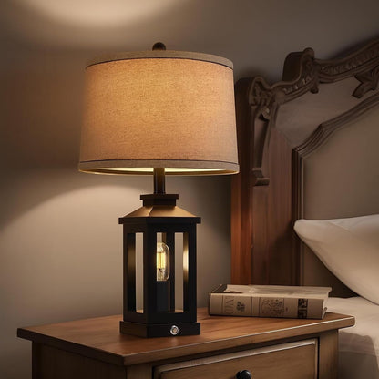 23.75" Retro Farmhouse Black Table Lamp for Living Room Bedroom Nightstand | Touch Control Bedside Nightlight Vintage Modern Lamp with USB C+A Ports and 2 Light Sources, Rustic Lamp, Bulbs Included8