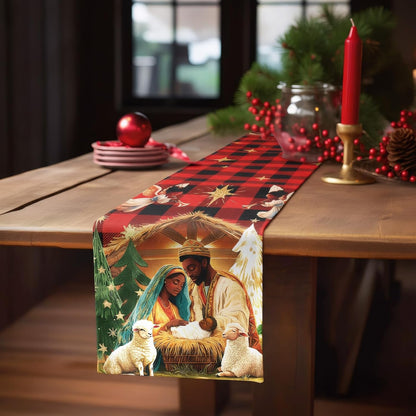 African American Religious Christmas Table Runner Buffalo Plaid Black Jesus Nativity Scene Table Runner for Home Decoration Xmas Winter Holiday Kitchen Decor (13" X 72")2