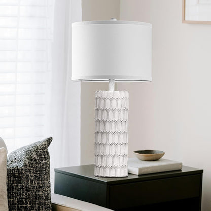 26" Modern Farmhouse Table Lamps for Living Room Set of 2, Rustic Antique Bedside Lamps for Bedroom Nightstand, Grey-White Resin Traditional Table Lamps with White Fabric Shade, Bulbs Included6
