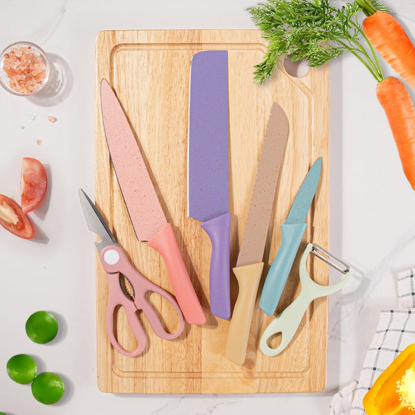 Colorful Kitchen Knife Set 6 PCS, Colored Knives Set with Non-Stick Coating, Chef Boxed Knives Set for Cooking, Camping, Travel, Picnic, BBQ and RV7