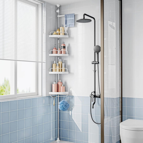 Corner Shower Caddy Tension Pole: Adjustable Stainless Steel Shower Organizer with 4 Tier Shelf for Bathroom Bathtub Tub Shampoo - Floor Standing Rack Bath Storage Holder with Rust Proof Rods6