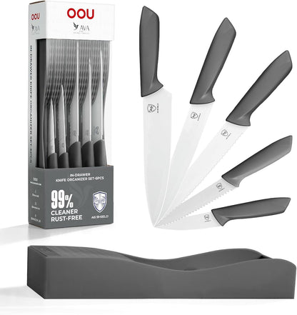 In-Drawer Kitchen Knife Set, Space-Saving Cutlery and Kitchen Organizer, Includes Chef, Bread, Santoku, Utility and Paring Knives, 6-Piece Knives Sets, Gray1
