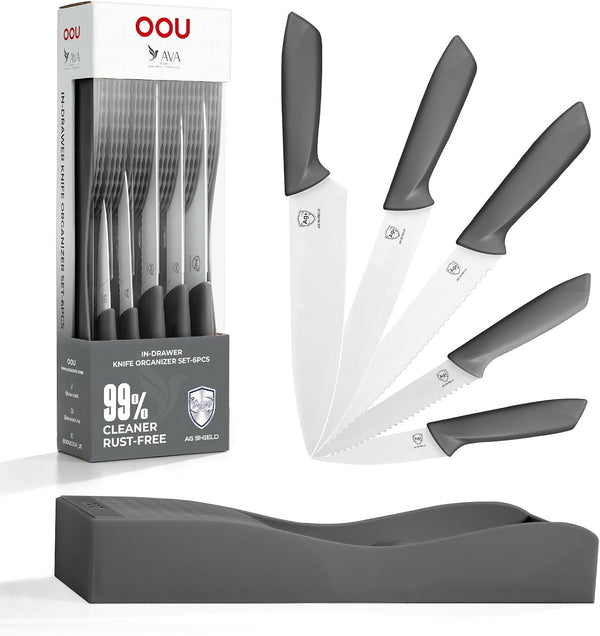 In-Drawer Kitchen Knife Set, Space-Saving Cutlery and Kitchen Organizer, Includes Chef, Bread, Santoku, Utility and Paring Knives, 6-Piece Knives Sets, Gray1